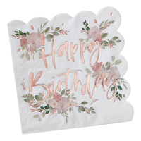 Servetter Happy Birthday Roséguld Blommor - 16-pack